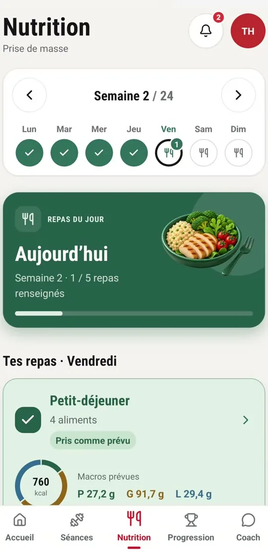 Application DBM Coaching : écran Nutrition