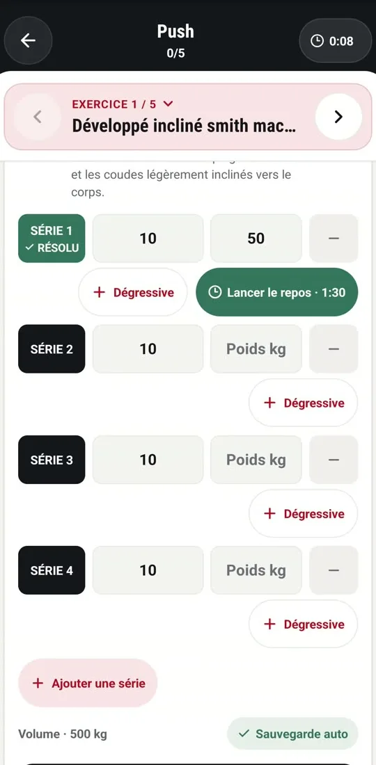 Application DBM Coaching : écran Séance