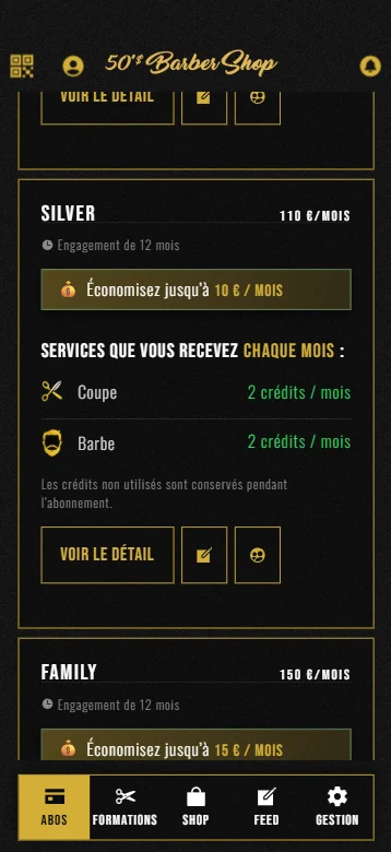 Application 50's Barber Shop : écran Abonnements